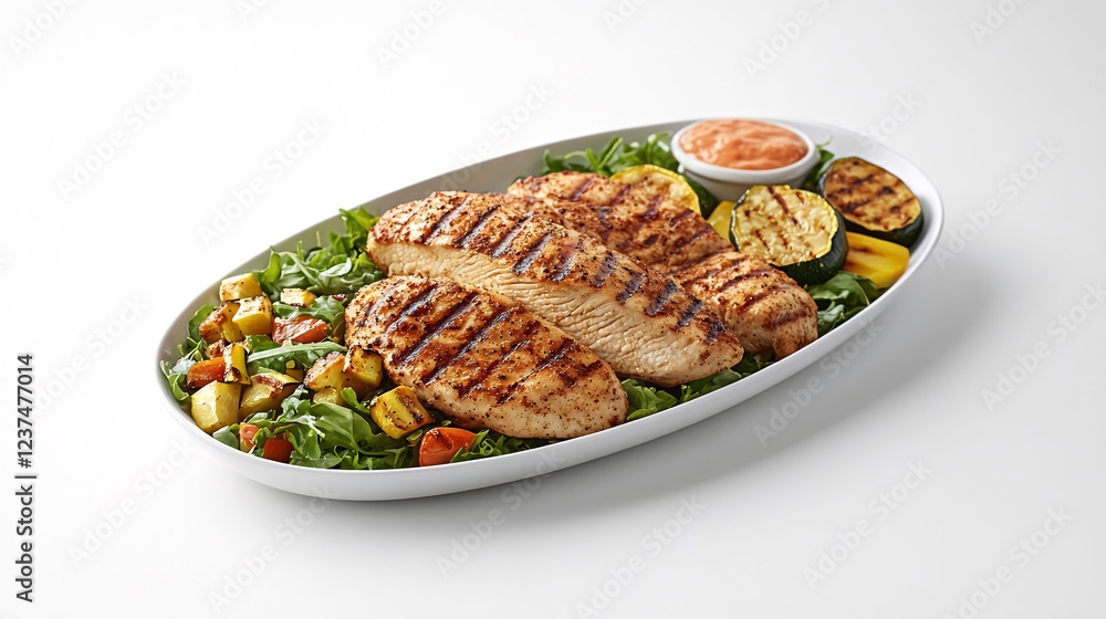 Grilled chicken breast with vegetables, healthy meal, white background, studio shot, food photography Grilled chicken breast with vegetables, healthy meal, white background, studio shot, food photography