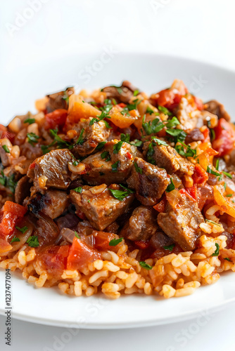 Hearty beef stew with rice and tomatoes a delicious comfort food dish perfect for culinary blogs and