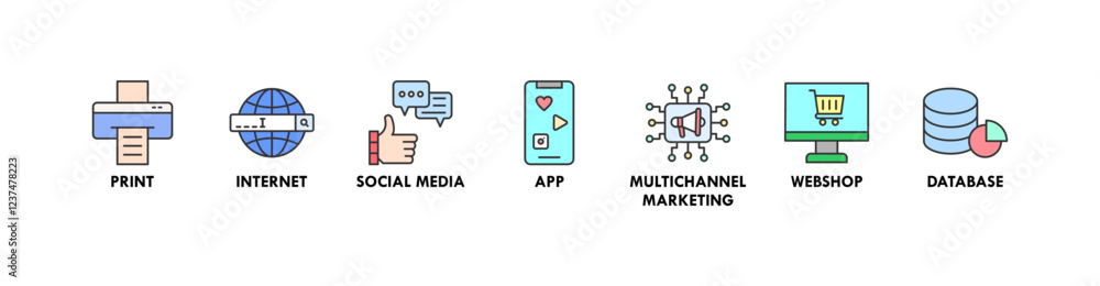 Cross media banner web icon vector illustration concept with icon of print, internet, social media, app, multichannel marketing, webshop, and database Cross media banner web icon vector illustration concept with icon of print, internet, social media, app, multichannel marketing, webshop, and database