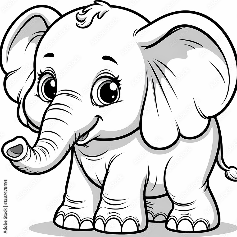 Fototapeta premium Cheerful elephant with large floppy ears and long trunk in black-and-white line art