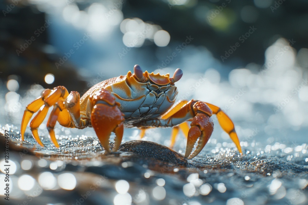 Red crab walking on beautiful beach with close up view, sand and rocks, close up view with blur background Red crab walking on beautiful beach with close up view, sand and rocks, close up view with blur background