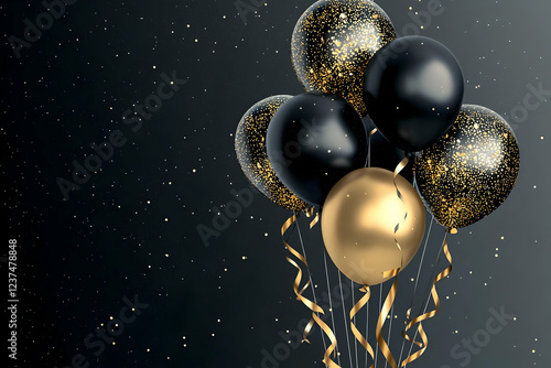 Elegant black and gold balloons with confetti festive celebration decoration for parties and events 