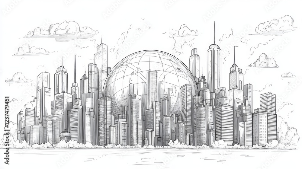 Dynamic urban skyline illustration featuring futuristic elements in a modern city environment Dynamic urban skyline illustration featuring futuristic elements in a modern city environment