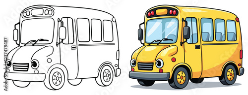 Outline drawing of school bus, car, and sports car from the side and front view. Vector doodle illustration, design for coloring book or print