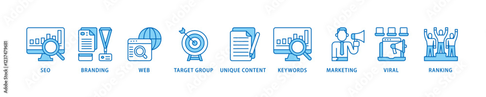 Content is king icon set flow process which consists of seo, branding, web, target group, unique content, keywords, marketing, viral and ranking icon live stroke and easy to edit . Content is king icon set flow process which consists of seo, branding, web, target group, unique content, keywords, marketing, viral and ranking icon live stroke and easy to edit .