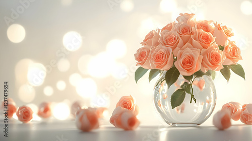 Bouquet of delicate peach roses in a glass vase soft bokeh background perfect for wedding or romanti