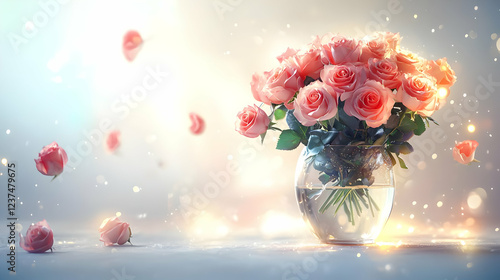 Bouquet of pink roses in a glass vase soft light and falling petals romantic floral arrangement for 