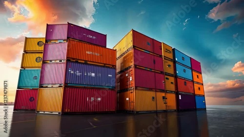 Vibrant Cargo Containers at Sunset: A Stunning Display of Global Trade