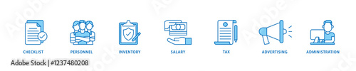 Cost reduction icon set flow process which consists of checklist, personnel, inventory, salary, tax, advertising and administration icon live stroke and easy to edit .