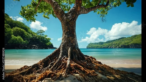 Majestic tree on a serene beach with turquoise waters and lush green hills under a bright blue sky