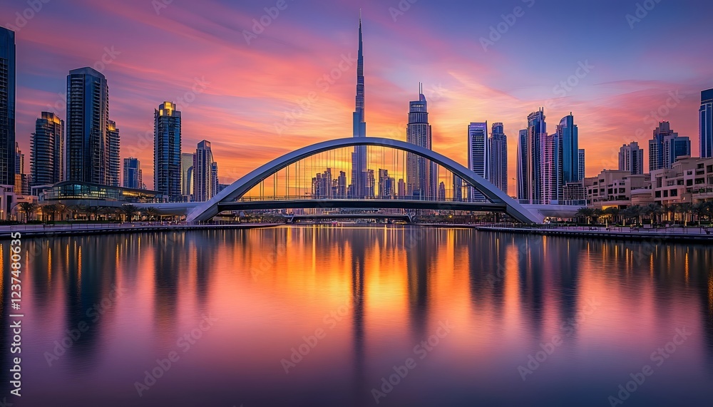 Fototapeta premium Dubai Skyline Sunset Bridge Reflection Cityscape