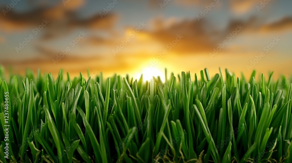 Fototapeta premium Sunset Grass Blades: Close-up view of vibrant green grass blades silhouetted against a breathtaking sunset, showcasing the warm hues of the sky and the delicate texture of nature. 