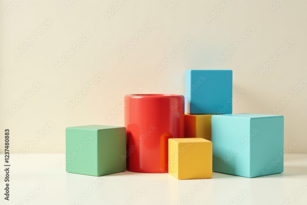 Colorful Geometric Shapes Arrangement on a White Surface with a Light Beige Background Colorful Geometric Shapes Arrangement on a White Surface with a Light Beige Background