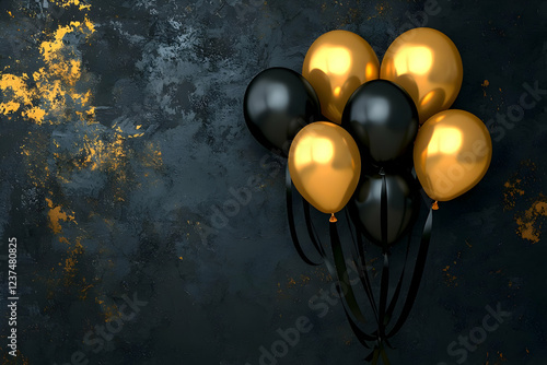 Luxury black and gold balloons floating on a dark textured background elegant celebration concept fo