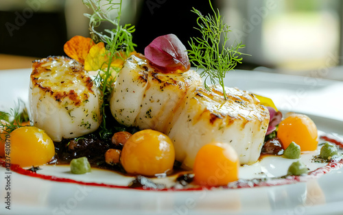 Gourmet seared scallops with vibrant garnishes elegantly plated seafood dish for fine dining and cul