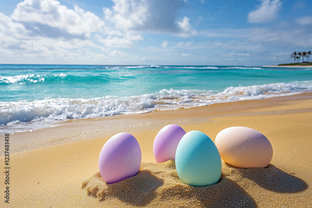 easter egg with tropical beach with pink sand and blue sky