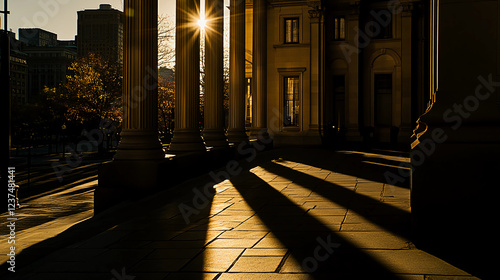 Courthouse building exterior bathed in warm sunset hues, symbolizing justice and order amidst the tranquility of evening light.