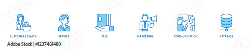 CRM icon set flow process which consists of customer loyalty, service, sale, marketing, communication, and database icon live stroke and easy to edit .