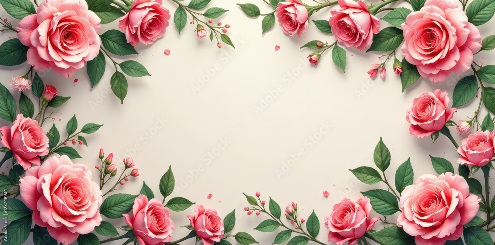 A Delicate Frame of Pink Roses and Lush Green Foliage, Perfect for Elegant Invitations or Romantic Announcements A Delicate Frame of Pink Roses and Lush Green Foliage, Perfect for Elegant Invitations or Romantic Announcements