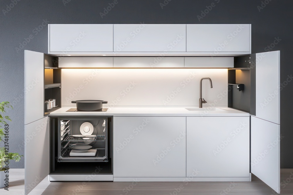 Fototapeta premium Minimalistic kitchen with white cabinetry and hidden appliances