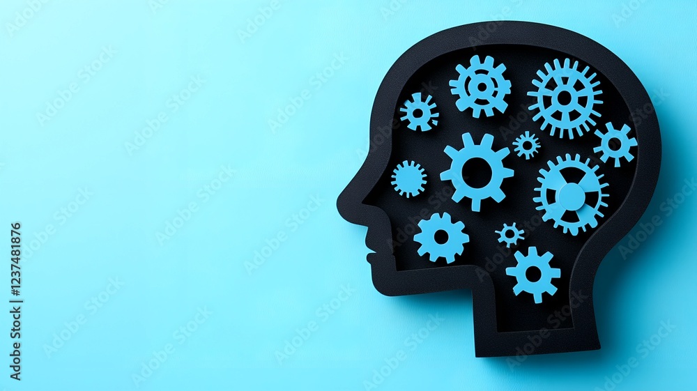 Human Head Silhouette with Interlocking Gears Representing Cognitive Processes and Mental Mechanisms Human Head Silhouette with Interlocking Gears Representing Cognitive Processes and Mental Mechanisms