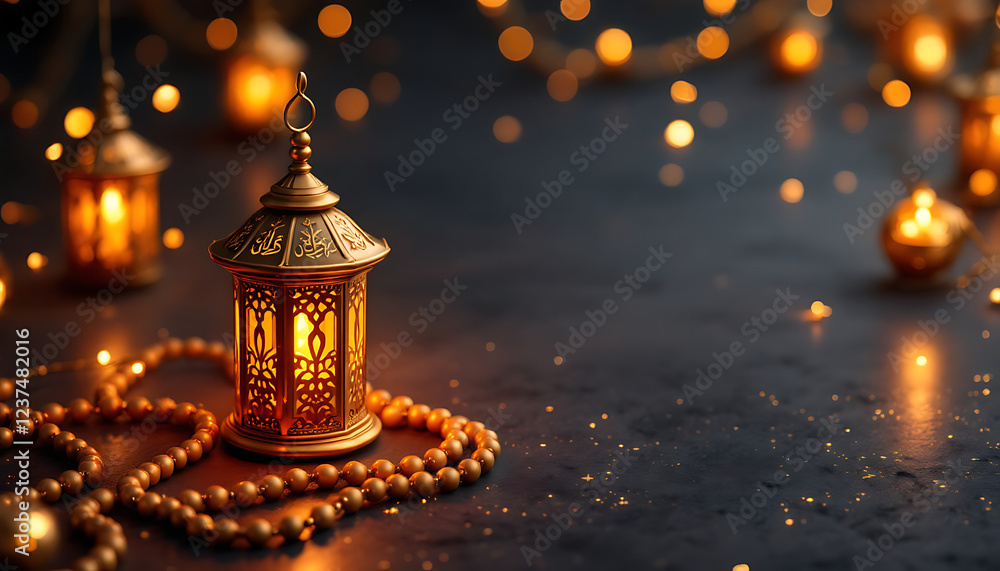Ramadan Kareem Flat-Lay with Golden Lantern and Crescent Moon Ramadan Kareem Flat-Lay with Golden Lantern and Crescent Moon