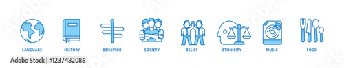 Culture icon set flow process which consists of food, music, society, ethni, city, belief, behavior, history, language icon live stroke and easy to edit .