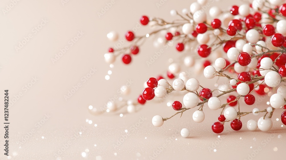 Red and white berries on beige background, holiday decoration Red and white berries on beige background, holiday decoration