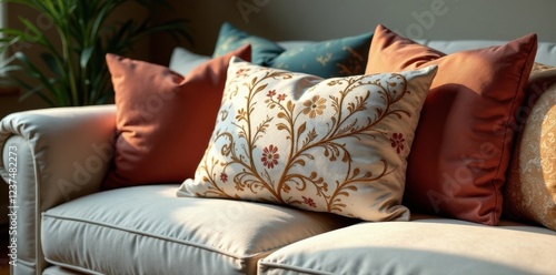 Elegant Home Decor Soft Cushions and Upholstery in Warm Hues and Floral Patterns