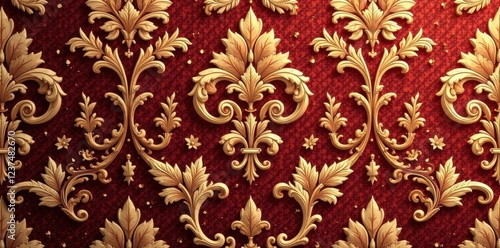 Opulent Golden Accents on a Deep Red Background  A Luxurious, Ornate, and Intricate Decorative Design Featuring Gilded Flourishes and Detailed Scrollwork