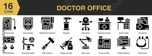 Doctor Office solid icon set. Includes doctor, health, care, hospital, clinic, office, and More. Solid icons vector collection.