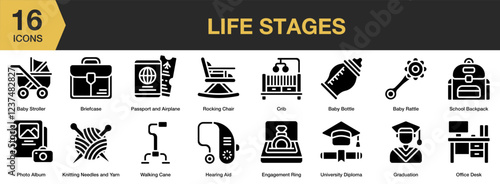 Life Stages solid icon set. Includes growth, aging, life, old, child, generation, people, and More. Solid icons vector collection.
