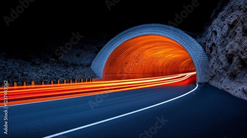 Tunnel Vision: Light trails streak across the asphalt as vehicles emerge from a dimly lit tunnel, the warm glow of the interior contrasting sharply with the cool night air. photo