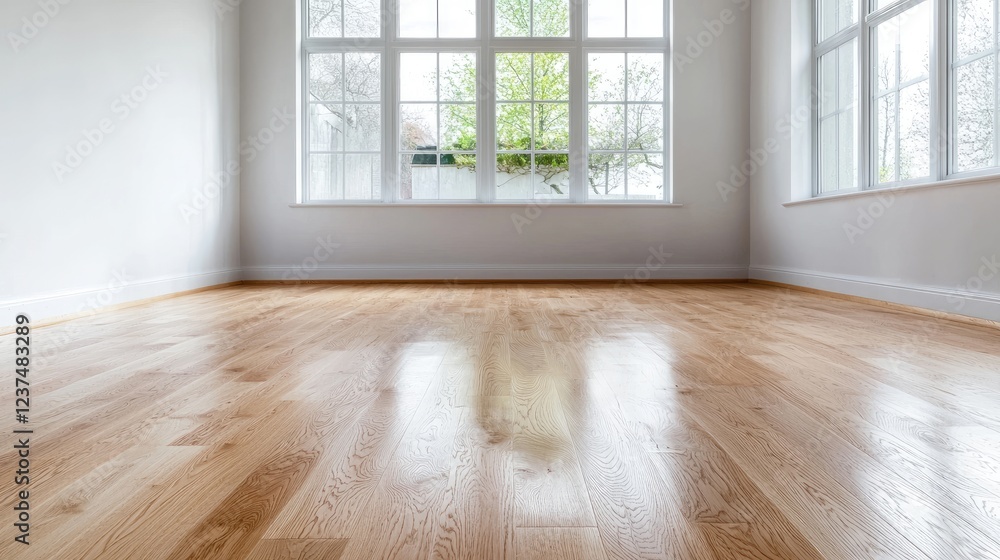 Fototapeta premium Bright empty room with hardwood floor, large windows, garden view