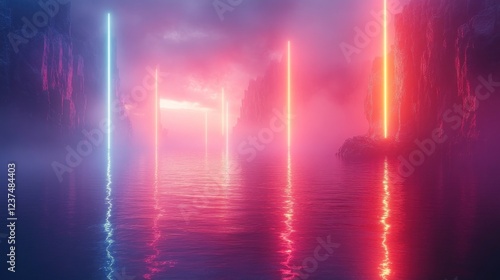 Wallpaper Mural Neon lights reflecting on tranquil water, misty mountains background, fantasy landscape, perfect for sci-fi design Torontodigital.ca