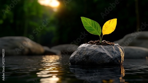 Growth Against the Odds: A tenacious sprout with vibrant green and yellow leaves emerges from a rocky surface amidst a tranquil stream.  A symbol of resilience and adaptability. photo