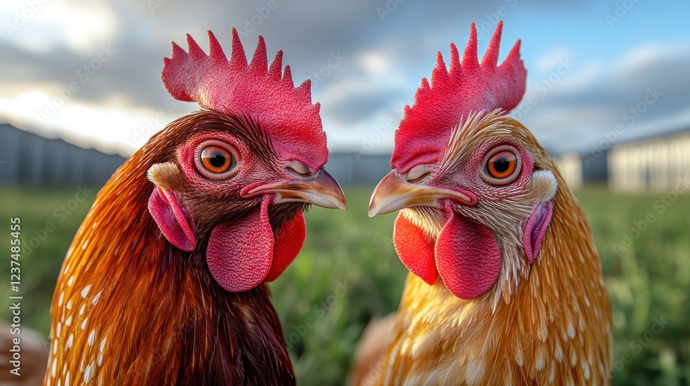 Fototapeta premium Two vibrant chickens in a grassy field under a cloudy sky