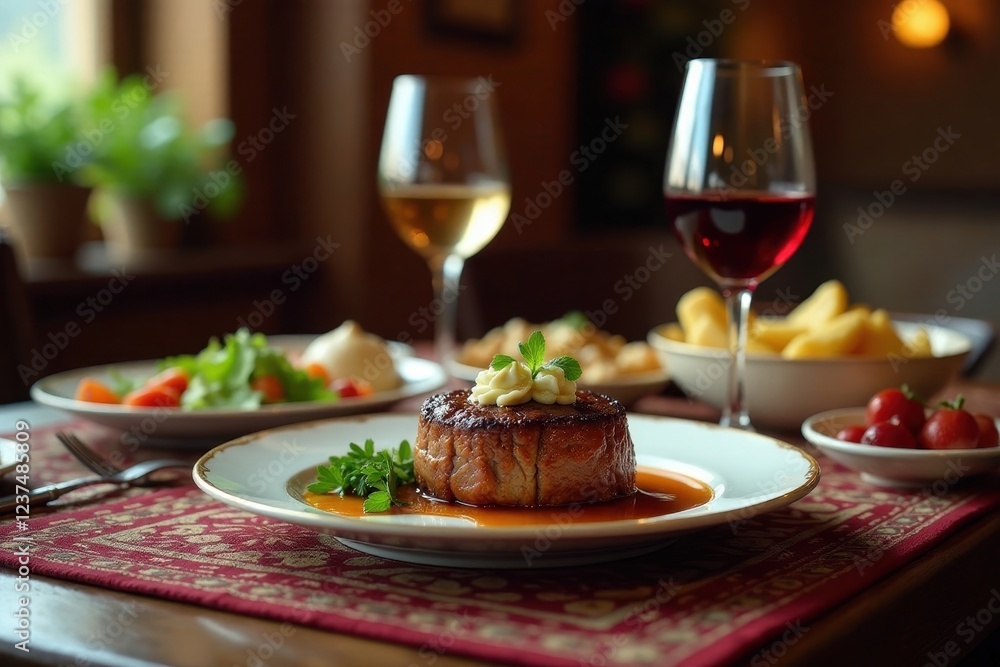 A delectable pan-seared meat entree with herb butter, served with a side salad and crispy fried potatoes, complemented by a glass of red wine and a glass of white wine. A delectable pan-seared meat entree with herb butter, served with a side salad and crispy fried potatoes, complemented by a glass of red wine and a glass of white wine.