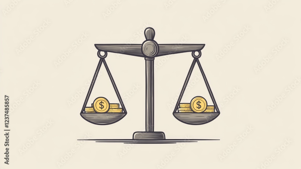 Balancing wealth and fairness money scale illustration business environment digital art Balancing wealth and fairness money scale illustration business environment digital art