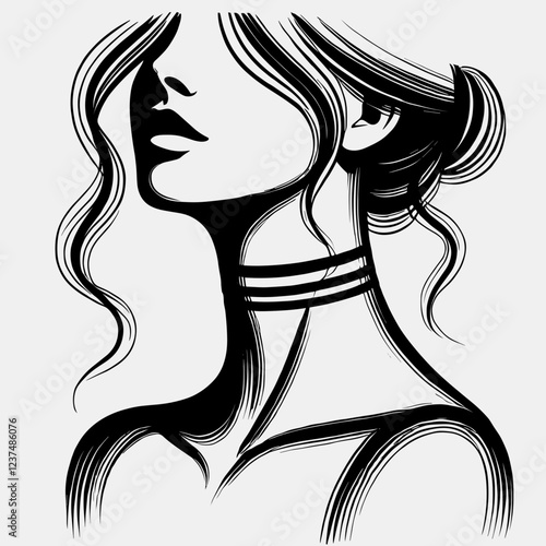 Chic silhouette of a young woman with wavy hair and a stylish choker on a light background