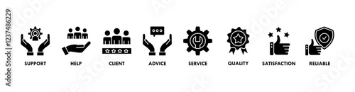 Customer care banner web icon vector illustration concept for customer support and telemarketing service with an icon of help, client, advice, chat, service, reliability, quality, and satisfaction