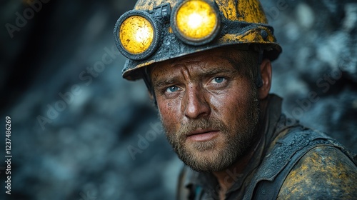 Miner with headlamp gazing intensely in dark tunnel photo