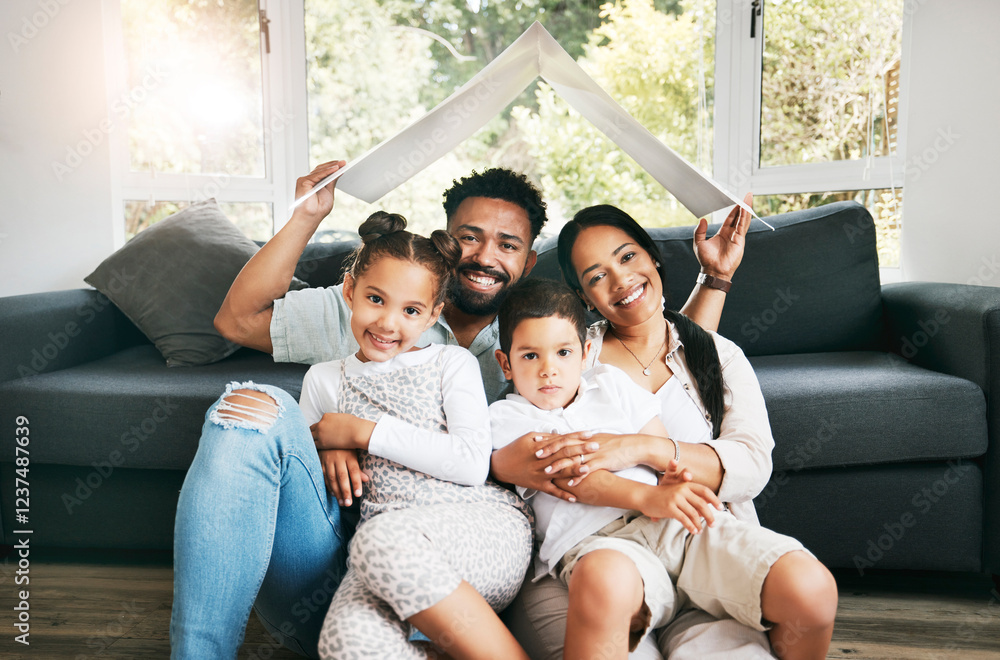 Portrait, home insurance or happy family with cardboard roof for security protection or property investment. Kids, parents or siblings with shelter cover for mortgage loan, support or future care Portrait, home insurance or happy family with cardboard roof for security protection or property investment. Kids, parents or siblings with shelter cover for mortgage loan, support or future care