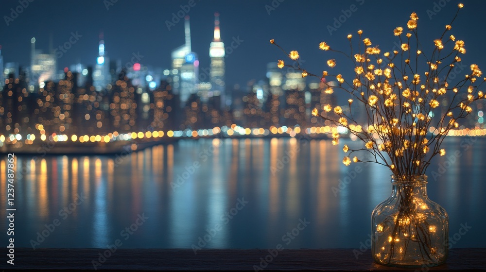 Fototapeta premium Night Lights over Cityscape: Illuminated Branches Reflecting Urban Glow