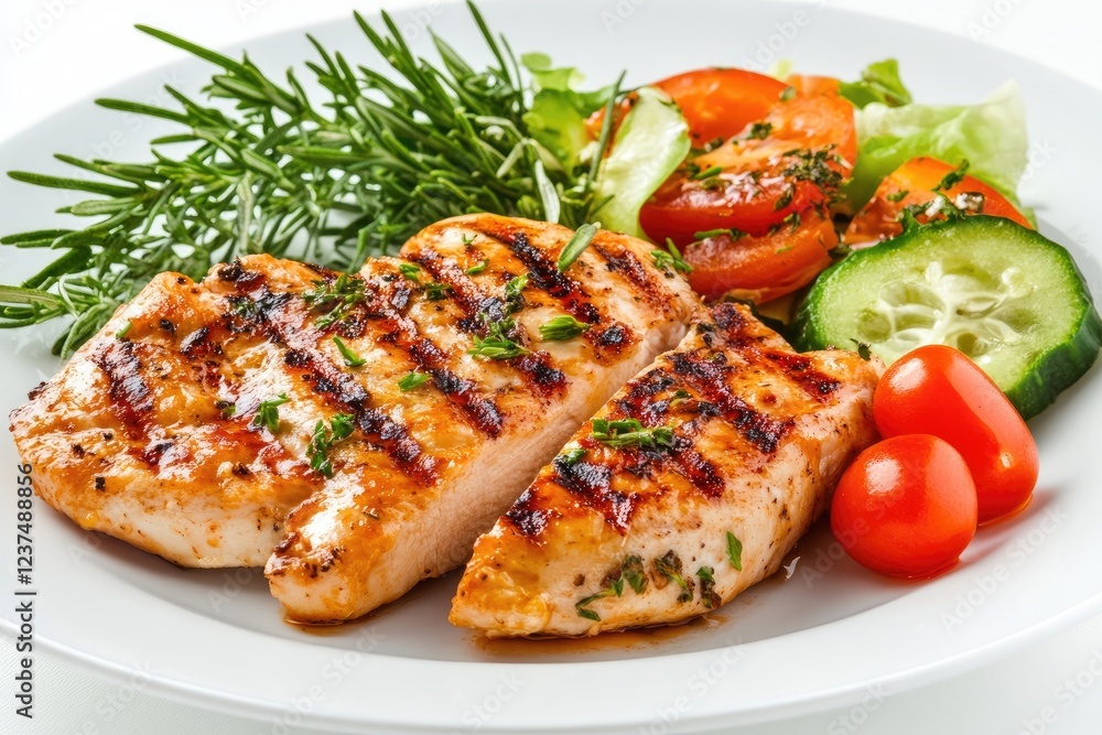 Grilled chicken breasts served with fresh salad and rosemary Grilled chicken breasts served with fresh salad and rosemary