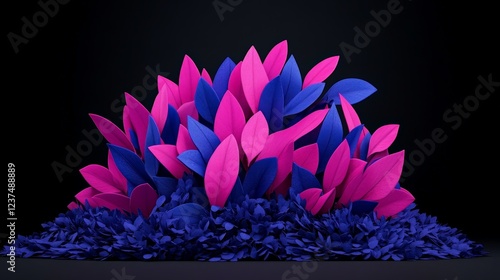 Wallpaper Mural Vibrant Paper Blooms: A captivating arrangement of fuchsia and cobalt blue paper leaves creates a lush, vibrant garden, set against a dramatic black background. Torontodigital.ca