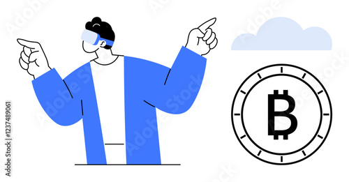 Cartoon man in VR glasses points towards a Bitcoin symbol with a cloud overhead. Ideal for cryptocurrency, virtual reality, digital finance, technology, blockchain, innovation, educational content