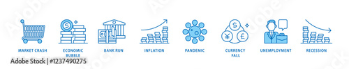 Economic crisis icon set flow process which consists of recession, unemployment, inflation, currency fall, pandemic, bank run icon live stroke and easy to edit .