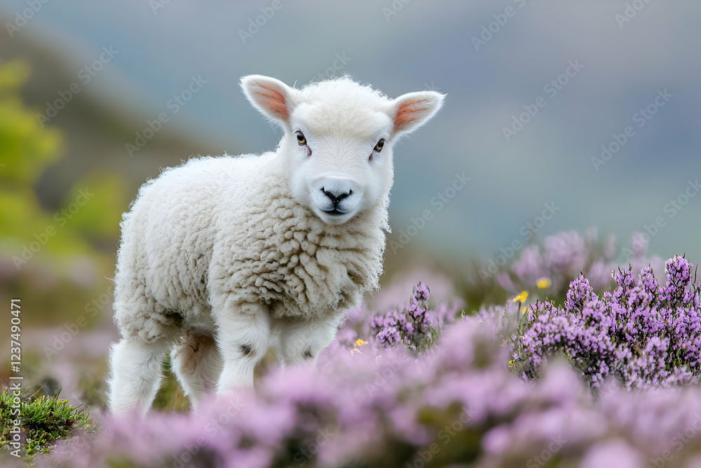 Fototapeta premium Cute lamb standing amid vibrant purple flowers in a picturesque landscape.
