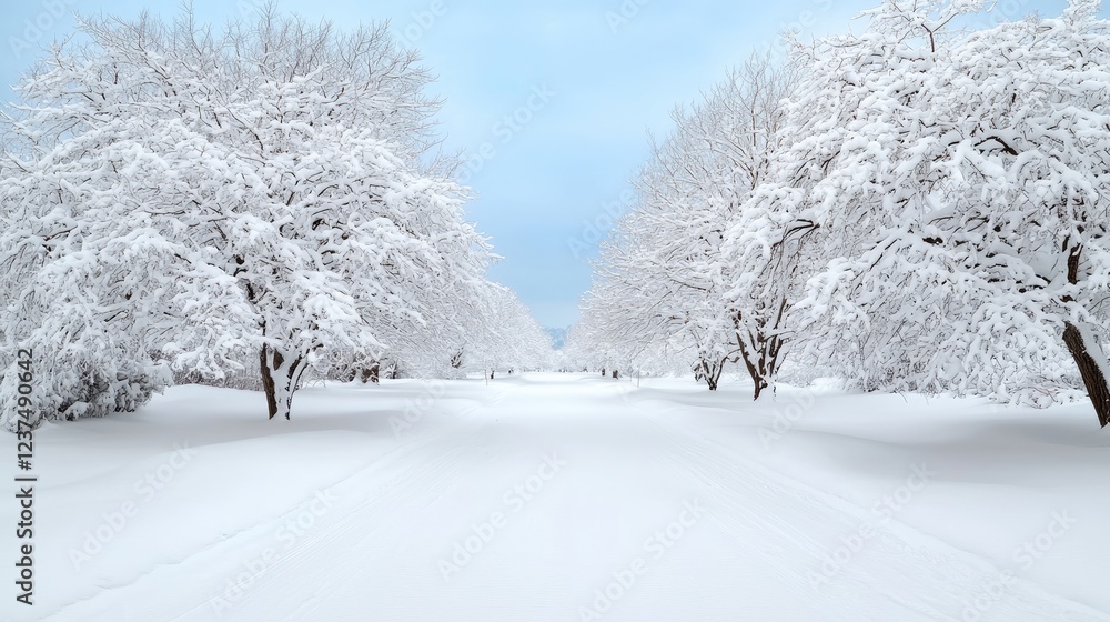 Obraz premium Snowy path through winter trees, tranquil scene